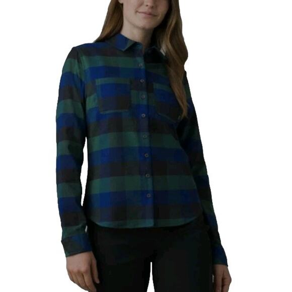 prAna Womens Meadow Run Flannel Shirt Sz M Soft Pine Plaid Sustainable Recycled - Picture 1 of 10